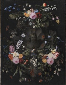 花輪に囲まれたキリストの胸像のカルトゥーシュ 作： Andries Bosman