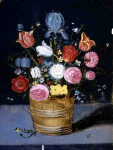 木桶の中の花の静物」（油彩・パネル） 作： Andries Daniels or Danielsz