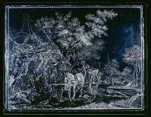 宿屋の前に馬車と人物がいる窓 作： Andries Melort