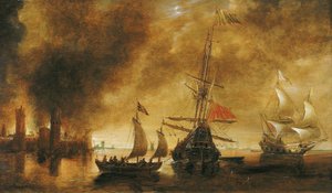 スペイン艦隊が港を爆撃した後の日の出、港の建物は夜戦でまだくすぶっている、兵士を乗せたボートが中央の船の周りを移動する 作： Andries van Eertvelt