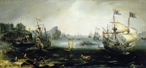 スカンジナビアのフィヨルドに木材を積み込むオランダ船。アンドリース・ファン・エルトヴェルト（1590-1652）による油絵。 作： Andries van Eertvelt