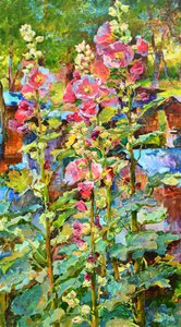 色鮮やかなタチアオイの庭 作： Andrii Kutsachenko