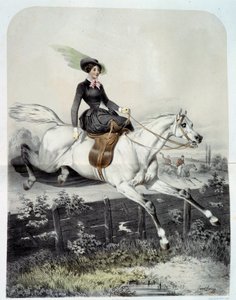 アマゾンの若い騎手がバリエを跳ぶ様子 アンジュ・ルイ・ジャウェ・ランゲ（1815-1872）によるリトグラフ 19世紀 個人蔵 作： Ange Louis Janet