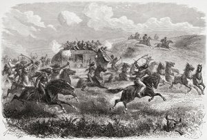 1867年に大陸横断の駅馬車を攻撃しているインディアン、チャールズラプラント（d.1903）によって刻まれた「手の世界」のイラスト、1878年公開 作： Ange Louis Janet