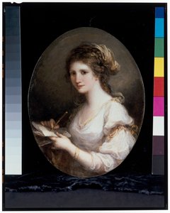 白いドレスを着てペンと紙を持つ、詩を装った自画像と推定されるもの 作： Angelica Kauffman