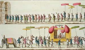 ビルマ王の行列、1820年代〜30年代に出版されたジュリオ・フェラリオ著「Le Costume Ancien et Moderne」の挿絵（彩色済みエングレービング）
