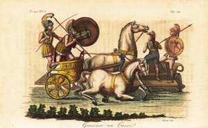ビガと呼ばれる二頭立ての馬車に乗った盾を持つ古代ギリシャの戦士たち 作： Angelo (after) Monticelli