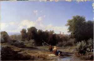 風景または「釣り」（川での釣り） アンジェロ・ベッカリーア（1820-1897）の絵画 1855年 薄暗い 94x146 cm Genes, Galleria d