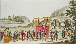 ビルマ王妃の行列、ジュール・フェラリオ著「Le Costume Ancien et Moderne」（1820年代〜30年代に出版）のプレート80（カラーリトグラフ版