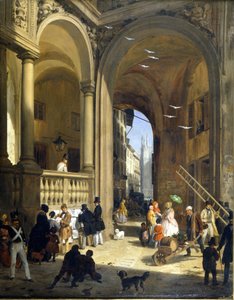 ミラノ、メルカンティ広場、アンジェロ・インガンニの絵画、1825年頃。 作： Angelo Inganni