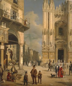 ドゥオーモ広場、ミラノ、1840年。 作： Angelo Inganni