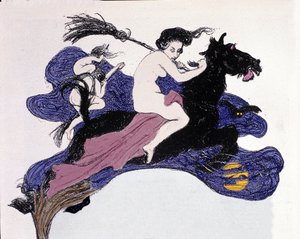空中を移動する魔女。 アンジェロ ジャンク (1868-1940) によるユーゲントのイラスト 作： Angelo Jank