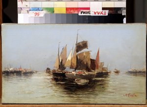 アンジェロ マリア コスタ (1670-1721) の絵画「帆船」 17 世紀の国立美術館、トゥーラ、ロシア 作： Angelo Maria Costa