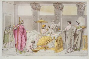 ユリシーズとペネロペの結婚式、ジュールスフェラーリオ作「ルコスチュームアンシエンオウモデルヌ」のイラスト、A。ビアソリ、1821年にミラノで彫刻（カラー彫刻）