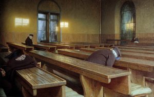 ミラノのホスピス「トリヴルツィオ」でのお祝いの日。アンジェロ・モルベッリ（1853-1919）の絵 作： Angelo Morbelli