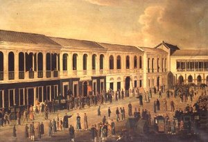 カントンのウォーターフロントにあるオングスの風景、1825年頃 作： Anglo Chinese School