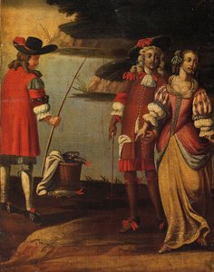 1700年頃の4つ折り両面スクリーン（ペイントされたキャンバスと革）（3248382の詳細 作： Anglo Flemish School