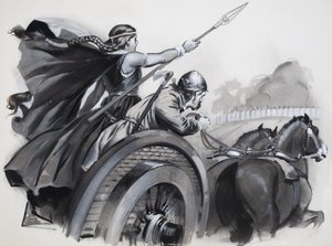 ローマ帝国に対するブリトン人の怒りを奮い立たせるボアディケア（グワッシュ、紙） 作： アンガス・マクブライド