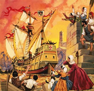 1492年8月、サンタ・マリア号で出航するクリストファー・コロンブス