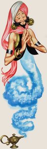 ランプから顔を出す精霊、「アラジンとふしぎなランプ」より（紙にグワッシュ） 作： アンガス・マクブライド