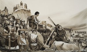 兵士を率いてルビコン川を渡り、ローマに進軍したユリウス・カエサル（前100-44）（紙にグワッシュ） 作： アンガス・マクブライド
