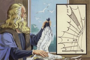 レオナルド・ダ・ヴィンチ、人間が飛ぶ方法を発見するために鳥を研究する（紙にグワッシュ） 作： アンガス・マクブライド