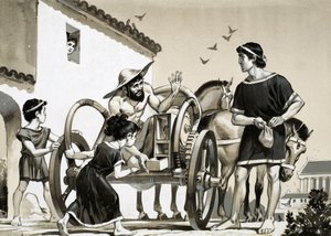 ローマ時代、戦車の荷台で商品を売る商人