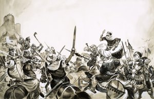 711年、スペイン軍を攻撃するムーア人の戦士たち 作： アンガス・マクブライド