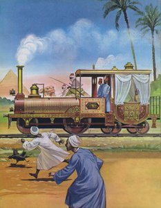 1862年、エジプトのケディヴが英国でエンジンと馬車を製造した（カラーリトグラフ）。 作： アンガス・マクブライド