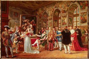 フランソワ1世の世紀。フランス国王フランソワ1世は、ラファエロ（イタリアの画家ラファエロ・サンツィオ）がローマから送った聖家族の絵をフォンテーヌブローで受け取り、その感謝の意を表しました。その側面には次のようなものが見られる（左の部分 作： Anicet Charles Gabriel Lemonnier
