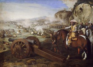 戦闘中に大砲を発射するように命令する馬に乗った船長、アニエロ・ファルコーネ（1607-1656）による絵画、キャンバスに油彩、94x131 cm 作： Aniello Falcone