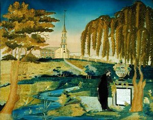画家の夫の記念碑の前に立つ女性、1800-20年頃（シルク 作： Ann D. Beckman