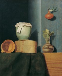 台所用品、タマネギ、コールラビのある静物 作： Anna Maria Punz