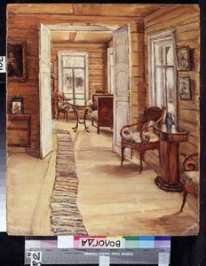 ムルマノフ (ロシア) の L.Panteleyev の邸宅の内部。 木造住宅の家具と装飾の説明。 アンナ・ニコラエフナ・カリンスカヤ（1871-1931）の絵画、油彩 作： Anna Nikolaeva Karinskaya