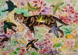 タビーと鳥たち、2019年（アクリル画） 作： 