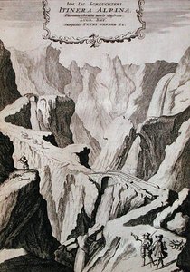 1706年に出版されたJohann Jacob Scheuchzeri著「Itinera Alpina」の第1巻の表紙（彫刻）。 作： Anna Wasera (after) Tigurina