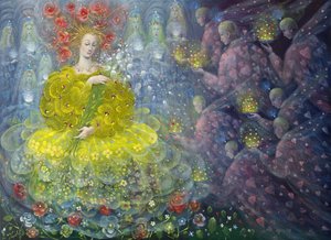 花の女王》2018年（ベルギーリネンに油彩） 作： アナエル・アネリア・パブロワ