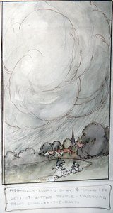 アクアリロが下を見ると、たくさんの小さな人たちが地球の下でキョロキョロしているのが見えた」（ペン＆インク、水彩、紙） 作： Anne Anderson