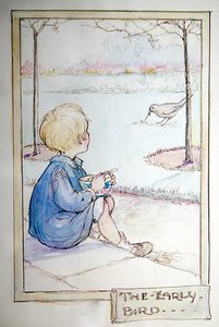 早起きは三文の得 - ミミズをゲットするツグミ 作： Anne Anderson
