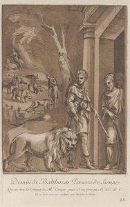 前景でひもにつないでライオンを保持している羊飼い、中景ではsh ...、ca。 1729-64 作： Anne Claude Philippe de