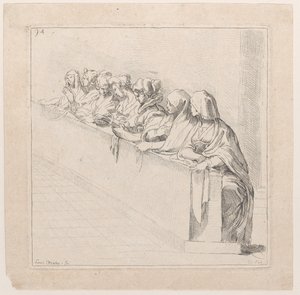 低い壁の後ろに座る 7 人の女性、18 世紀。 作： Anne Claude Philippe de Caylus