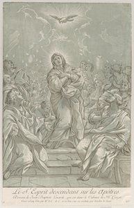 中央に聖母が立っており、聖霊が上にあり、使徒たちがいるペンテコステ. 1729年。 作： Anne Claude Philippe de Caylus
