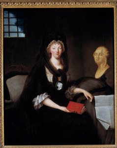マリー・アントワネット (1755-1793) がテンプル刑務所で大きな喪に服している肖像画 (またはコンシェルジュのマリー・アントワネットが喪に服し、イルカを表すカメが胸像の近くにスコットランド女王メアリーの生涯の本を持っている) ルイ16世とhの 作： Anne Flore Millet de Brehan
