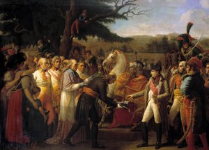 ナポレオン1世（1769-1821）へのウィーンの鍵の引き渡し 1805年11月14日、ハプスブルク家のフランソワ2世によって、皇帝はオーストリアの首都にデセールして戻ってきました。アンヌ・ルイ・ジロデ・ド・ルーシー・トリオソン（Anne-Louis Girodet de Roucy-Trioson）の絵画 作： Anne Louis Girodet de Roucy Trioson