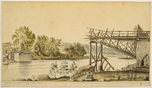 不完全な橋、パラタイン、ニューヨーク、1808（水彩紙と黒鉛紙） 作： Anne Marguerite Hyde de Neuville