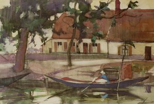 運河のボート、フランスの村 作： Anne Redpath