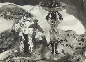 置物のある静物（白黒水彩） 作： Anne Redpath