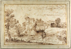 城と古典的なポルティコの跡がある風景（紙にペンと茶色のインク 作： Annibale (follower of) Carracci