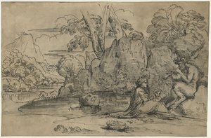 サテュロス、女性、プットーを演奏するフルートのある風景 作： Annibale Carracci (attributed to)