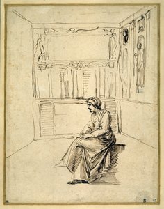 部屋の中で座っている女性（紙にペンと茶色のインク 作： Annibale Carracci